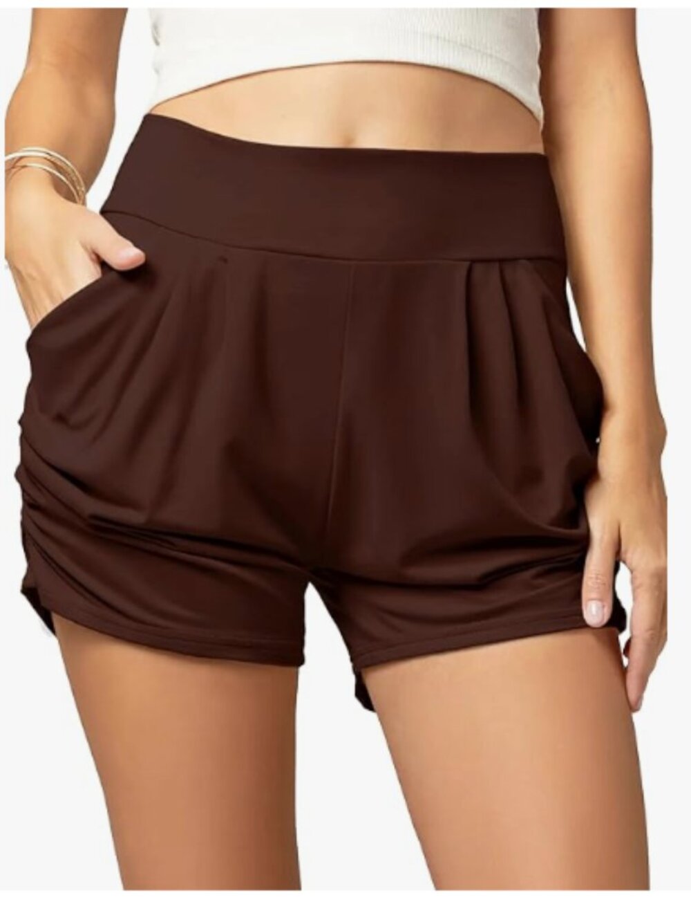 High Rise Pleated Soft Stretch Shorts in Brown - Size L/XL (12-18)